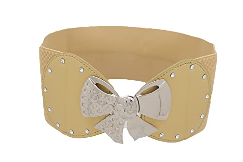 Women Gold Elastic Fashion Belt - Wide Band Hip Waist Silver Metal Bow Tie Ribbon Buckle S M