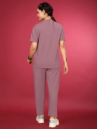 Image of Women's Round Neck Pajamas set in Polyester And Gym Outfit with Side Pockets and Drawstring Waist