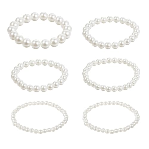 6 PCS White Pearl Bracelets, Elastic Faux Pearl Bracelet Stretch, Stackable Fake Pearls Bead Bracelets Bridesmaid for Women Daily Wear Bridal Wedding Party Gift (10/8/6/5 mm Pearl)