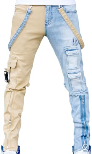 Women's High Waist Two Tone Color Block Jeans Straight Leg Stretch Frayed Denim Pants Bottom Jeans Pants