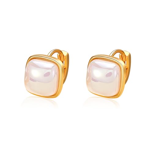 Pendientes de aro de perlas para mujer, plata de ley 925, aretes de perlas de cubo de azúcar, aretes cuadrados geométricos retro de moda, regalo para ella, Concha
