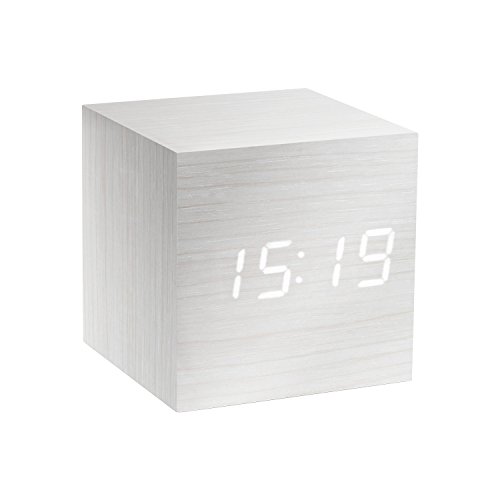 Gingko Cube LED Click Clock Alarm Clock With Sound Activation (Time, Date & Temperature), White/White LED