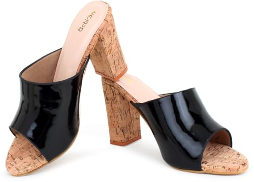 Image of Action Patent Leather Sandals| Pattern| Transparent Block Heel| Ankle Strap Black