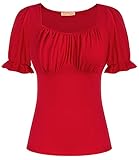 Red Vintage Blouses for Women Dressy Square Neck Tops Slim Fit Cotton Blouse 2XL