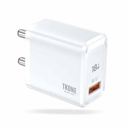 Image of TKONE Rapid 18W Fast Charging Adapter, USB A, for iPhone 17 /16 /15 /14 /13 /12 Series, Samsung Galaxy S25 /S24 /S23, OnePlus, Nothing & Others (White)