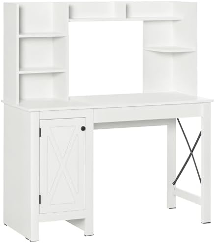 HOMCOM Farmhouse Computer Desk with Hutch and Cabinet, Home Office Desk with Storage, for Study, White