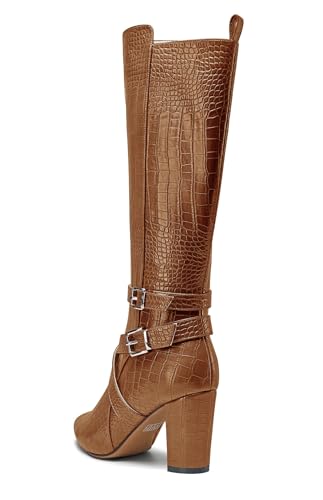 HEUIVZAR Womens Chunky Block Heel Pointed Toe Knee High Boots Dress Casual Zipper Buckle Mid Calf Boots 3.2 Inches Heels4