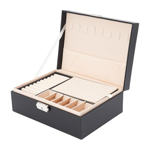 Lumivew Joyero con cerradura de 2 niveles, organizador de joyas, forro interior de terciopelo, adecuado para guardar anillos, pendientes, pulseras, adecuado para mujeres (negro)