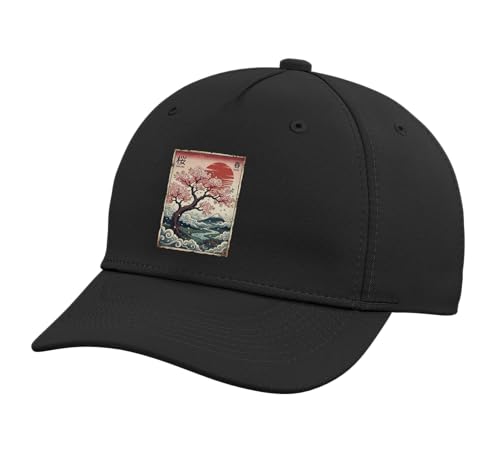 Japan Cherry Blossom Japanese Art Japan Adjustable Printed Baseball Hat, Black