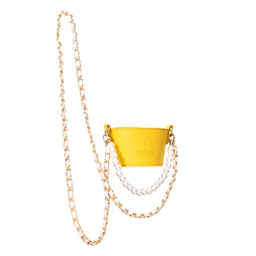 MAGRACE Luxury Water Bottle Carrier - Yellow PU Leather Tumbler Holder with Pearl Chain Handle & Crossbody Sling Strap, Stylish Drink Holder for Bottles