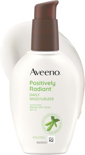 Image of Aveeno Positively Radiant Daily Face Moisturizer with SPF 15 Sunscreen, Hydrating Face Lotion with Soy Extract to Improve Skin Tone and Texture, Hypoallergenic Formula, Oil-Free, 4 Fl Oz (Pack of 12)
