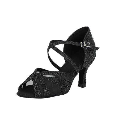 Jywmsc Zapatos de Baile Latino de Mujer con Purpurina y Pedrería Correa Cruzada Peep Toe Zapatos de Baile Social Salsa Tango Sandalias para Bodas