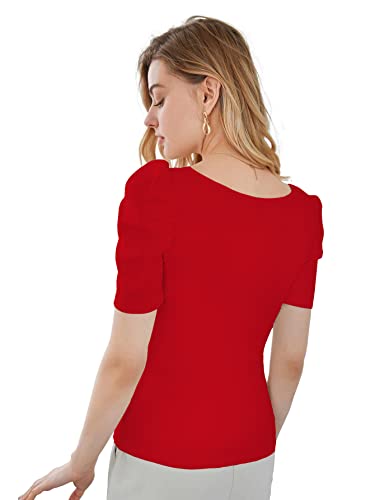 Image of Shasmi Women's & Girl's Polyester Pleated High Neck Short Puff Sleeve Ruched Bust Solid Regular Fit Top