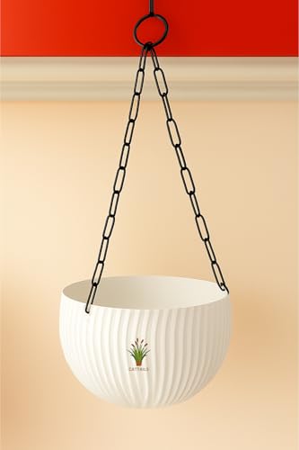 Image of Hanging Flower Pots with Chain - Set of 4 | Eco-Friendly White Plastic Planters for Balcony, Indoor & Outdoor Use | Round Ribbed Design (White, 4 Pieces)