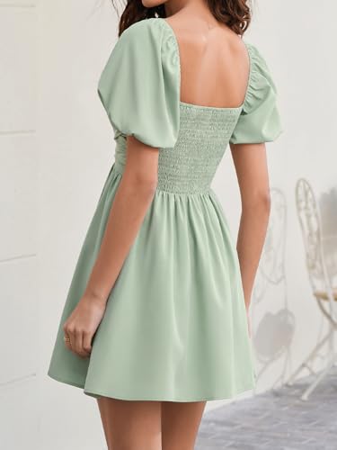 Image of Women Puff Sleeve Graduation Short Dress | Square Neck A Line Casual Sundress Beach Wedding Guest Mini Dress