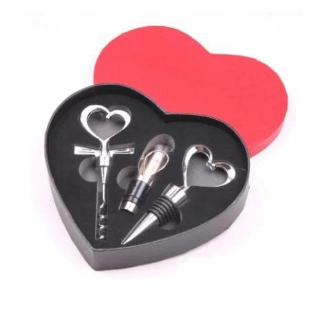 Love Heart Shaped Wine Bottle Stopper, Corkscrew Spiral Drill Opener & Pourer - Silver - 3 in 1 Set | Red heart Shape Gift Box