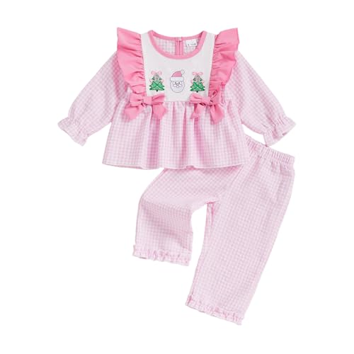 Infant Toddler Baby Girl Christmas Outfit Smocked Long Sleeve Ruffle Shirt Top and Pants Set Fall Winter Clothes