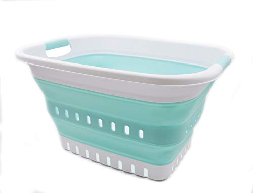 Sammart 37L (9.77 Gallon) Collapsible Plastic Laundry Basket - Foldable Pop Up Storage Container/Organizer - Space Saving Hamper/Basket (1, White/Lake Green) #TOP1