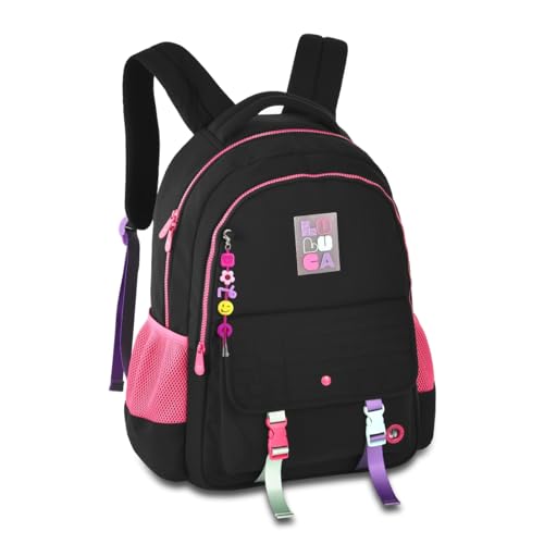 Mochila de Costas Luluca LU24601 Escolar Grande Feminina Original Soft Bolso Antifurto Chaveiro Personalizado (Preto)