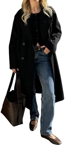 Women's Long Wool Coat Notch Lapel Double Breasted Wool Blend Win...