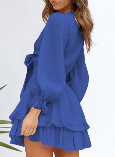 Image of Dokotoo Womens Casual Spring Fall 2025 Deep V Neck Knotted Tiered Chiffon Elegant Mini Short Swing Skater Dresses