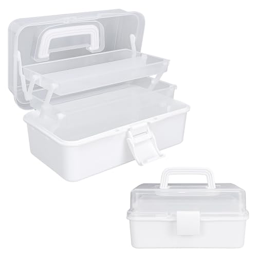Image of Tackle Box Organizers and Storage,9.8inch Craft Organizers and Storage,Three-Layer Sewing Box With 2 Trays,Medicine Storage Box With Handle For Nail、Makeup、Diamond Painting、Building Blocks (White)