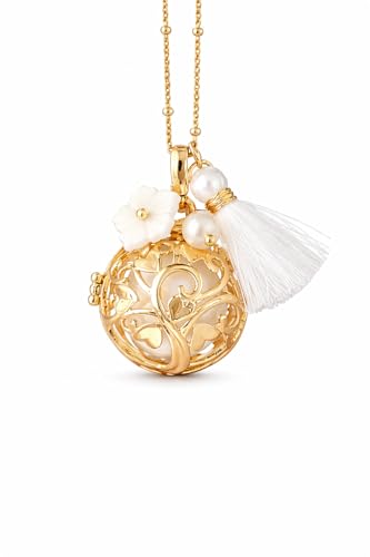 creabibenval Bola de Grossesse Arbre de Vie Doré Or rose – Collier Femme avec Fleur Nacrée, Perle d’Eau Douce et Pompon Blanc – Bijou Future Maman Cadeau...