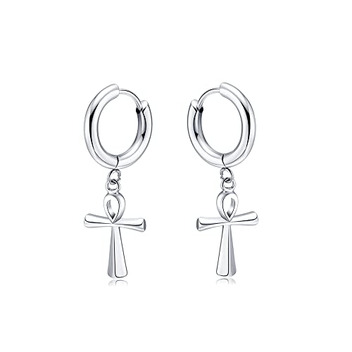 Punk Cross Faith Dangle Hoop Earrings 361L Surgical Stainless Steel Cartilage Tiny Small Huggie Hoops Criss Charm Drop Earring for Women Girls Men Unisex Prayer Fashion Jewelry Gifts (Silver)