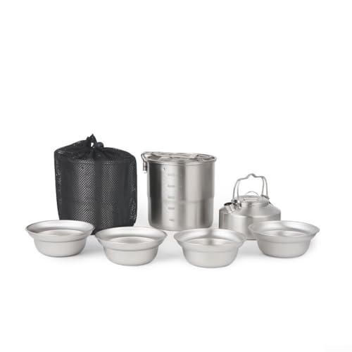 Batterie de cuisine camping 7 pièces acier 304 légère avec bouilloire poêle et sac de transport