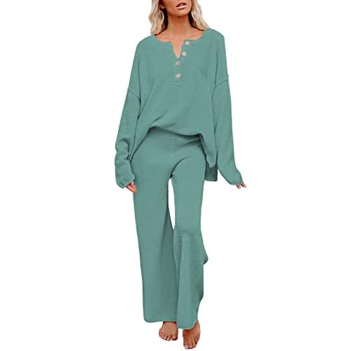 Pink Queen Women's 2 Piece Outfit Set Long Sleeve Button Pullover Sweater Top and Wide Leg Pants Knit Sweatsuit Blue Green X-Large