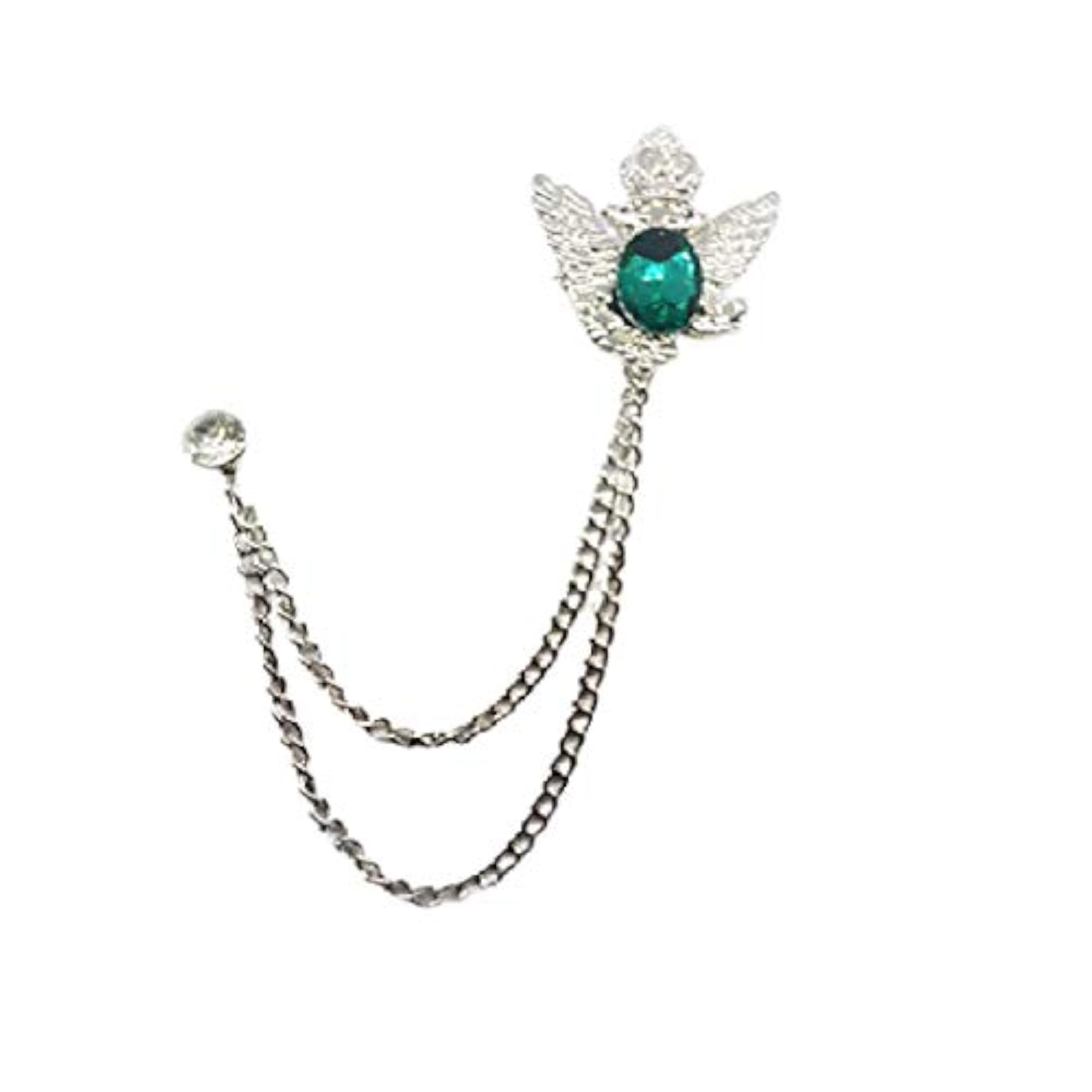 Retro Bird Wing Brooch with Fringed Chain for Men, Green Gold
