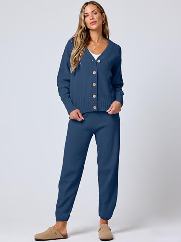 Image of ANRABESS Women 2 Piece Lounge Sets 2025 Fall Outfits Casual Waffle Knit Cardigan Sweater Pant Set Travel Airport Clothes