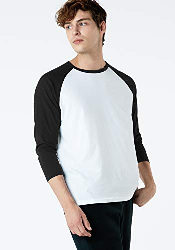 Tsla Men's 3/4 Sleeve Baseball Shirts, Casual Dynamic Cotton Raglan T Shirts, Athletic Sports Jersey Shirt Top, Dyna Cotton 3/4 Sleeves White & Black, X-Large #TOP4