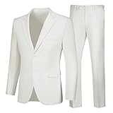 Men's Slim Fit 2 Piece Suit Set Two Button Solid Groomsmen Suits Jacket Pants Ivory White Wedding Tuxedo,L
