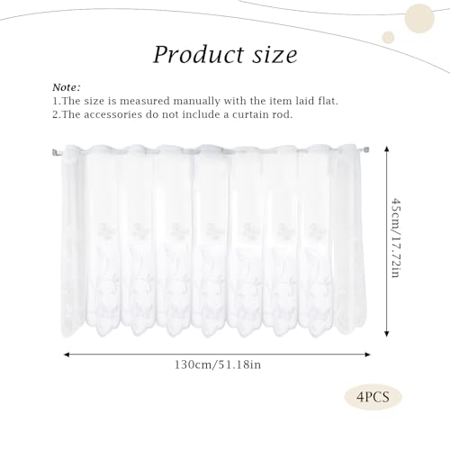 DHSWNNG 4er Scheibengardine, 130x45cm Bistrogardine Kurzstores Blume Weiß Halbtransparent Besticke Scheibengardinen Modern Kurze Halbtransparente Vorhänge für Wohnzimmer und Küche