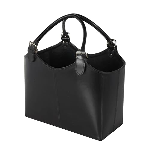 Deco 79 Leather Handmade Magazine Holder Box Style Single Slot with Detail Stitching and Curved Buckle Handles, 16" x 10" x 18", Black by Deco 79 - Image 3