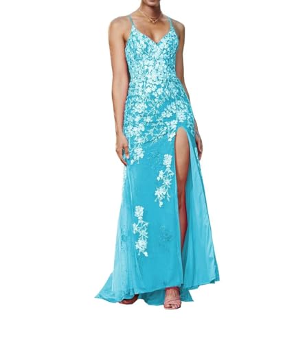 Image of Long Spaghetti Straps Tulle Mermiad Prom Dress V Neck Lace Appliques Formal Dress with Slit SF203