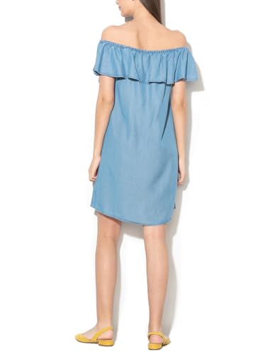 Image of Women's Blue Jean Dress Off Shoulder Ruffle Short Sleeve Loose Denim Mini Dress with Pocket