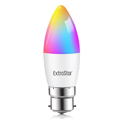 EXTRASTAR B22 Smart Bulb, Alexa Light WiFi LED Candle Bulbs C37, 6W 600lm, WiFi RGB Color Dimmable Multicolor + Warm or White Light, Compatible with Alexa and Google Home