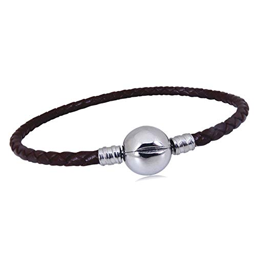 Image of KunBead Jewelry Brown Leather Bead Charms Bracelets Clip Lock Clasp Snake Chain Basic Bracelet Gifts for Birthday