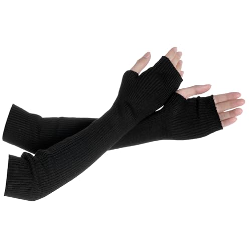 Tongcloud Arm Warmers Winter Fingerless Long Gloves for Women for Women with Thumb Hole (Black 15.8inches)