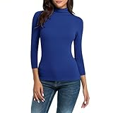 3/4 Sleeve Tops for Women Mock Neck Turtleneck Slim Fitted Basic Tops Solid Color Fashion Casual Trendy T-Shirts Blue M