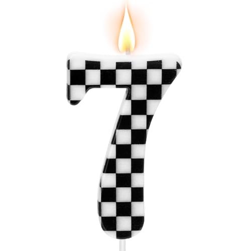 Racing Car Themed Birthday Candles Number 7 Checkered Candles Black & White Checkered Cake Decoration Car Cake Topper for Party Decoration Theme Party Supplies