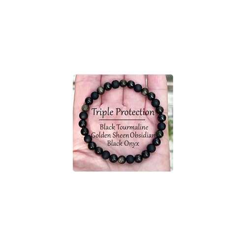 Natural Stone Triple Protection Beaded Bracelet for Men Women Adjustable Black Tourmaline, Black Onyx and Hematite Handmade Lucky Bracelet Feng Shui Jewelry Gift