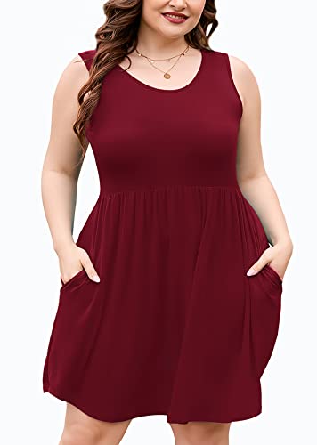 AusLook Plus Size Summer Tank Dress for Women Burgundy 3X Casual Sleeveless Crewneck Flowy Pleated Sun Maternity Tunic Dresses Babydoll Tshirt Swing Vacation Sundresses with Pockets — view 6