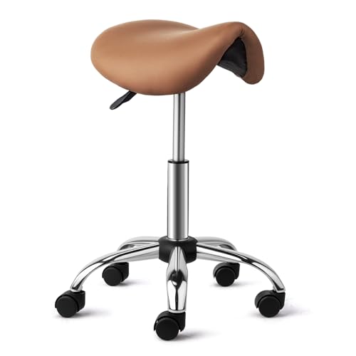 OmySalon Saddle Stool Rolling Chair, Ergonomic Saddle Chair with Swivel Wheels, Adjustable Hydraulic Stylist Cutting Stool for Salon Tattoo Massage Office Medical, Brown