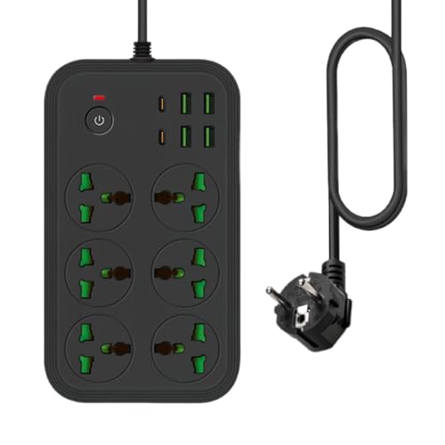 (EU Plug) 12 in 1 Power Strip with USB C, Universal Extension Cord with 6 Wide Outlets and 4 USB, 110-240v, Max 3000w, Wall Mount International Plug Extender for European Travel