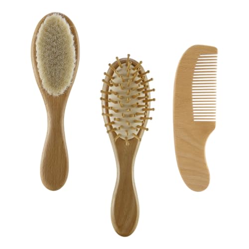 Gogogmee Juego 3 Cepillos de Lana para Ñiño y Peine de Bambú, Kit de Baño Infantil con Masaje Suave, Ligero y Portátil, Adecuado para Ducha y Cuidado Delicado del Recién Nacido