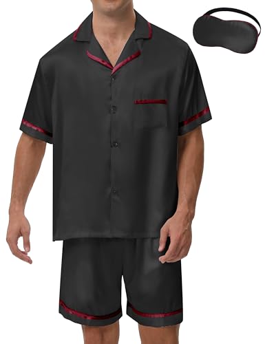Silk Pajamas for Men Satin Pajamas Set Shorts Mens Summer Pjs Button Down Sleepwear Loungewear with Eye Mask