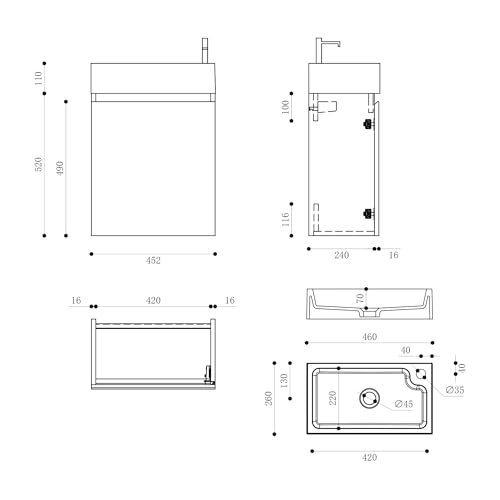 doporro Badmöbel Set Waschtisch mit Unterschrank Waschbecken-Unterschrank für Gäste-WC 46cm in Eiche Greige Design Waschplatz Wandmontage Pisa 02